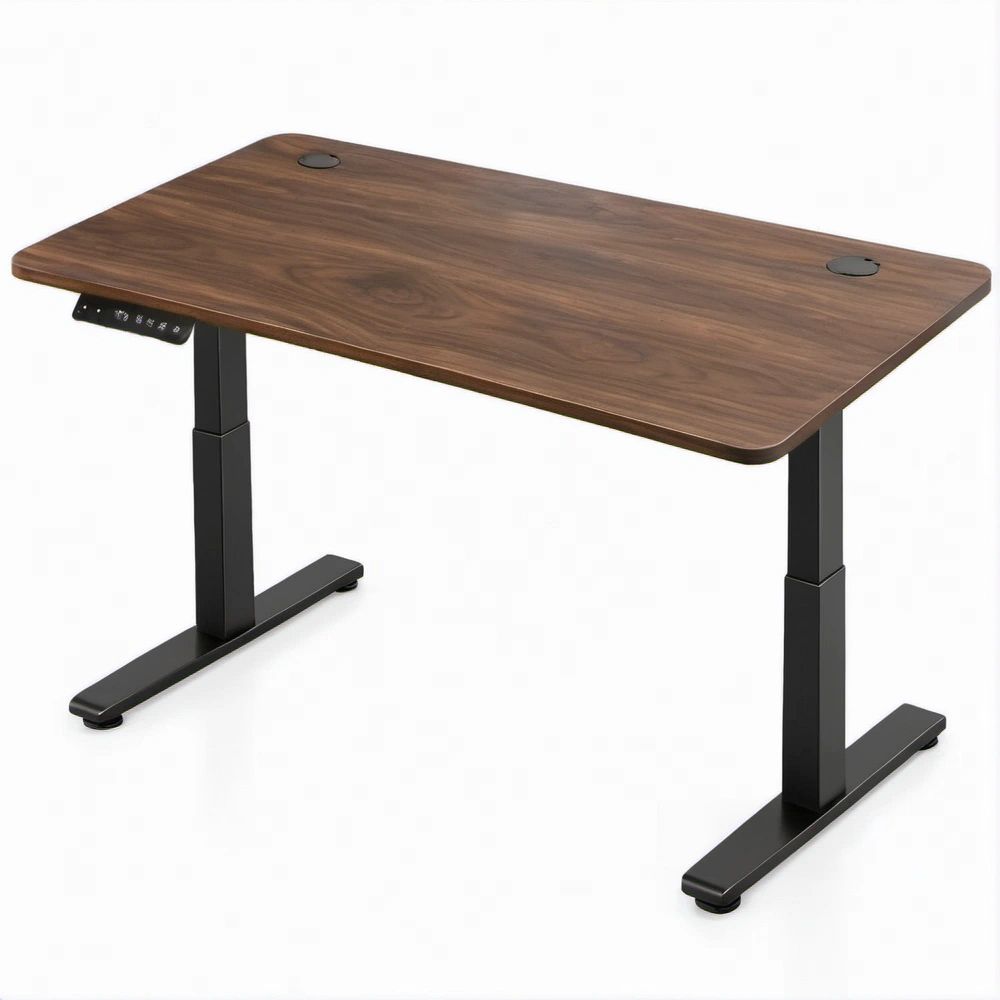 Electric Height-Adjustable Desk, Walnut and Black, 48 x 24 in, 28.3-47.6 in Height Range