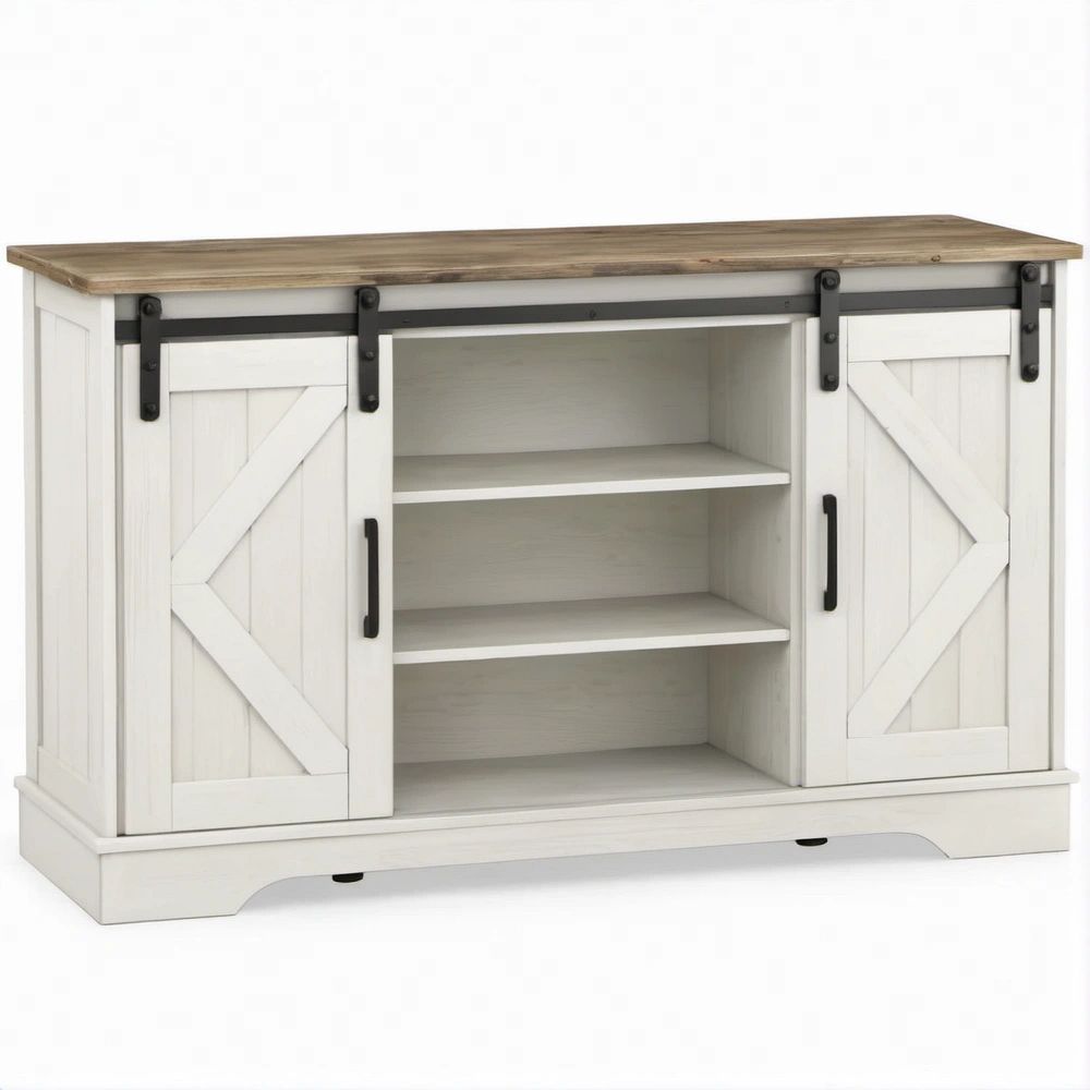 58 x 18 x 36 in White and Brown Sliding Barn Door Sideboard with Black Hardware