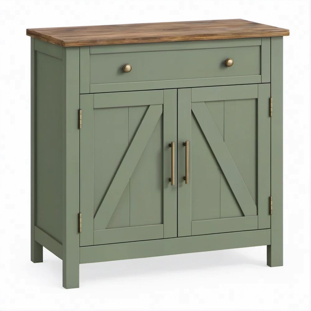 Farmhouse Sage Green Storage Cabinet with Walnut Brown Rubberwood Top, 32 x 16 x 36 in