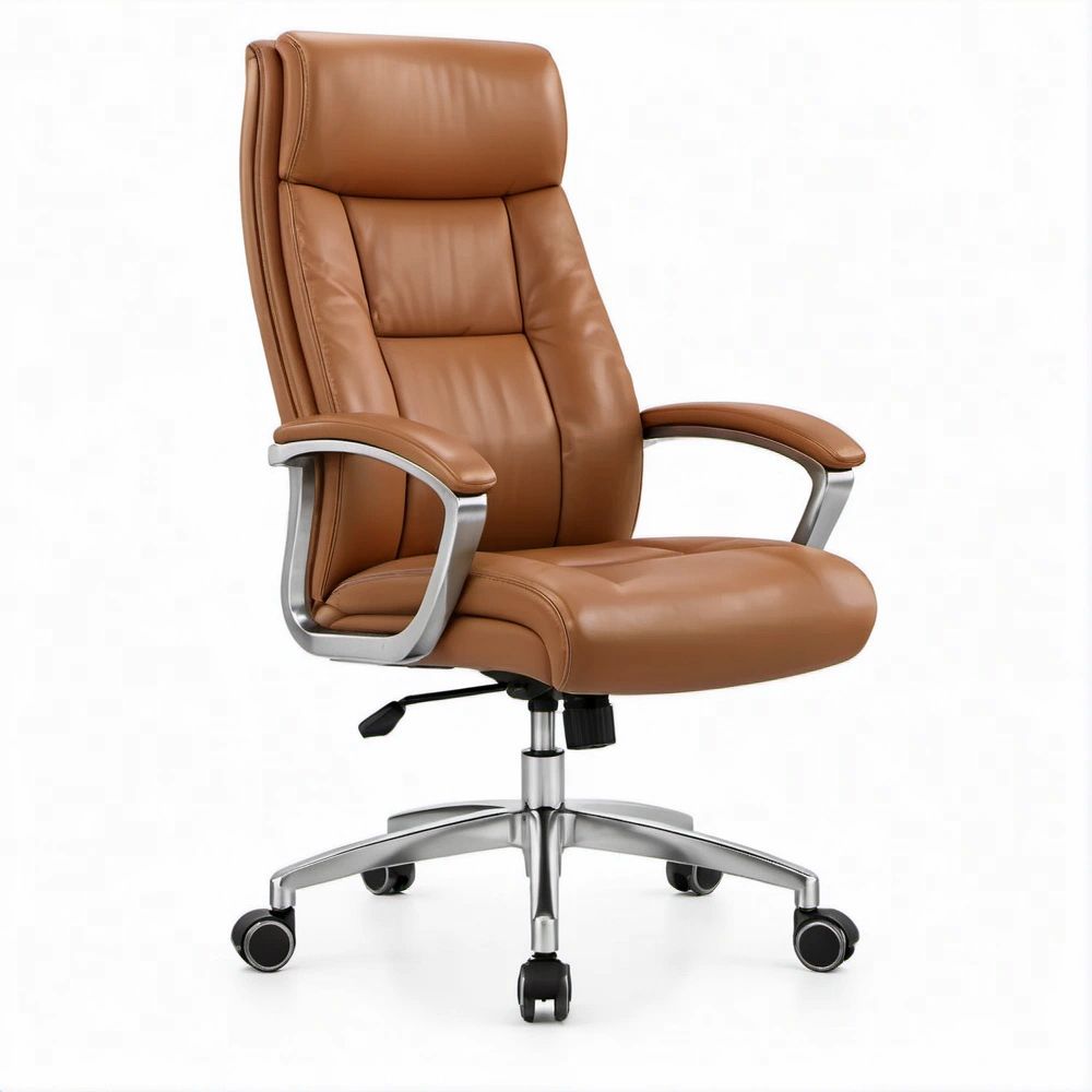 High-Back Executive Office Chair, Brown PU Leather with Silver and Black Accents, 26.8 x 28.3 x 45.7-49.6 in