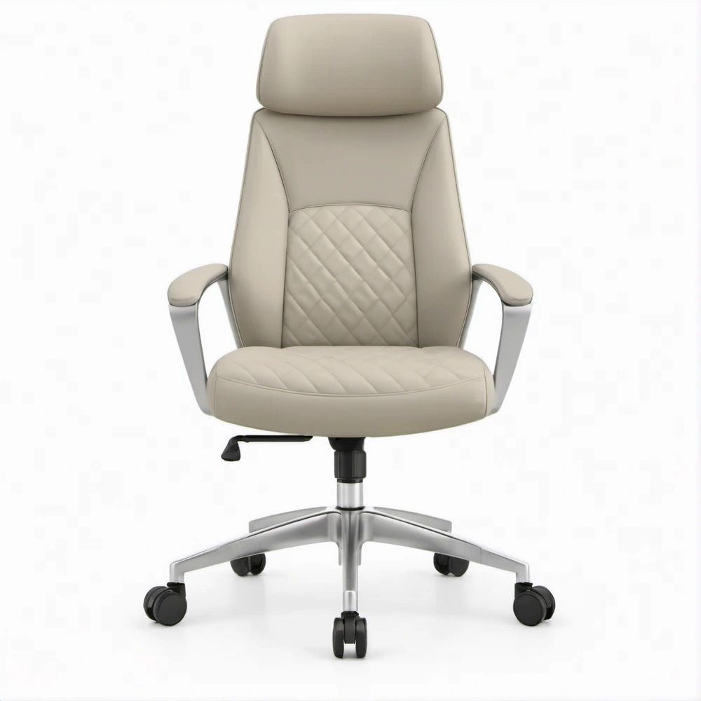 Beige PU Leather High-Back Ergonomic Swivel Chair with Headrest, 26.8 x 27.6 x 46.5-50.4 in