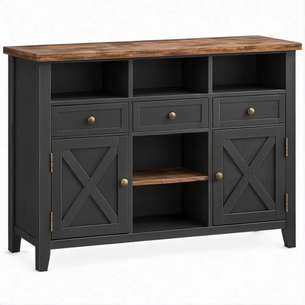 Farmhouse Sideboard Buffet Cabinet, Black and Brown, 47.2 x 15.7 x 35.4 in