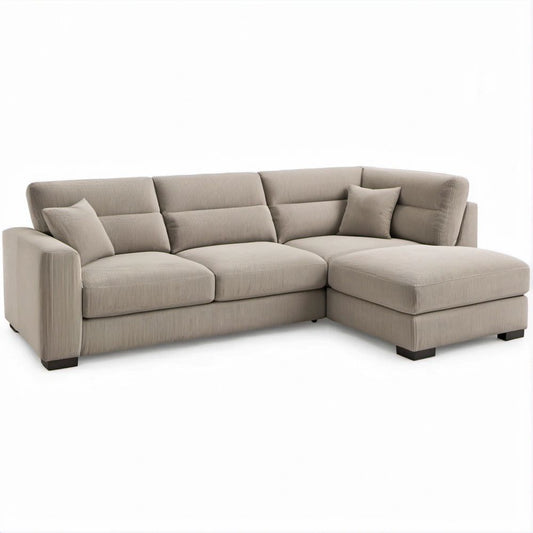 Beige Corduroy 3-Seat L-Shaped Sofa with Right-Facing Chaise, 112 x 64 x 35 in