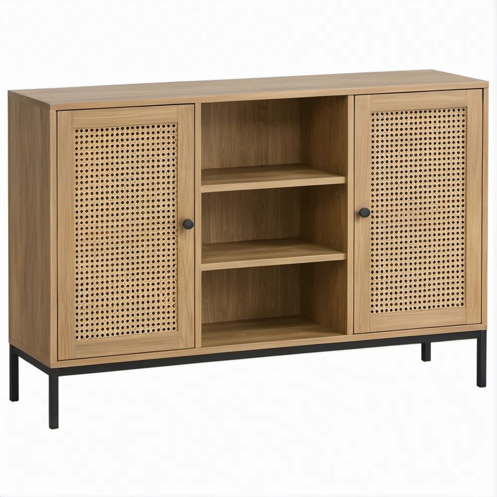 Natural Oak Rattan Storage Cabinet with Black Steel Legs, 47.2 x 15.7 x 35.4 in