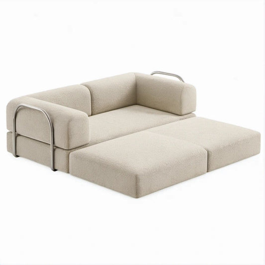 Convertible Cream Bouclé Sleeper Sofa with Silver Steel Rails, 78 x 39 x 31 in
