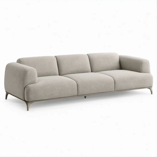 Light Beige 3-Seat Curved Upholstered Sofa with Dark Bronze Steel Legs, 91 x 39 x 32 in