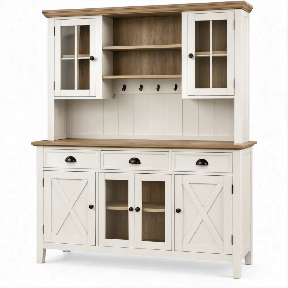 White and Natural Brown Buffet Sideboard with Hutch, 47.2 x 15.7 x 70.9 in