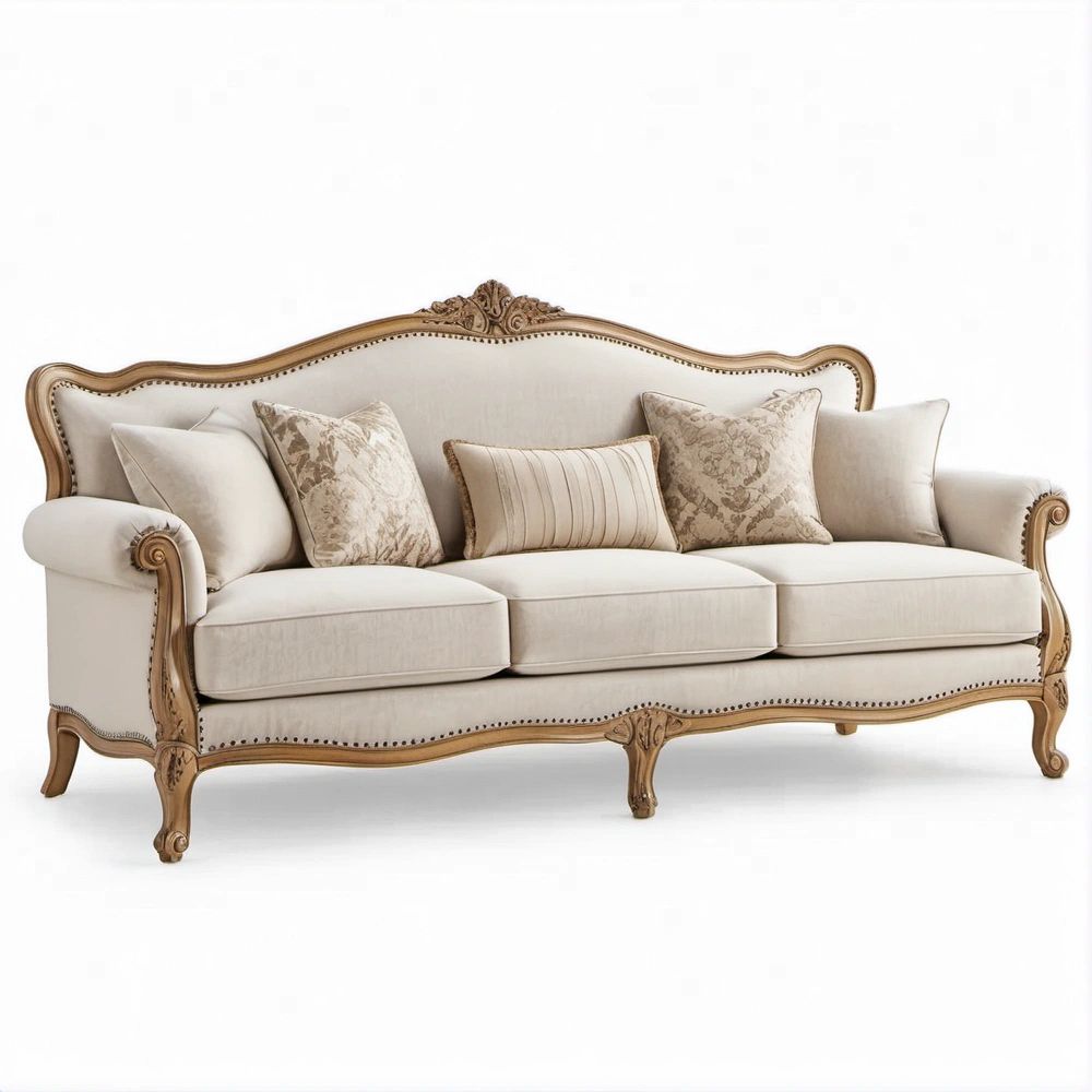 Traditional 3-Seater Curved Sofa, Beige Polyester Upholstery with Antique Gold Carved Wood Frame, 92 x 38 x 43 in