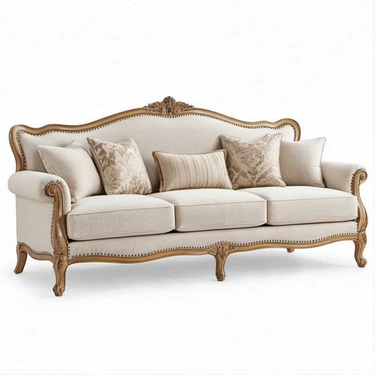 Traditional 3-Seater Curved Sofa, Beige Polyester Upholstery with Antique Gold Carved Wood Frame, 92 x 38 x 43 in