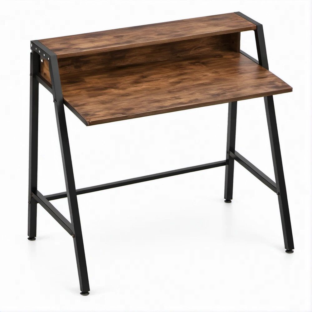 Brown and Black Computer Desk with Raised Shelf, 39.4 x 23.6 x 35.4 in