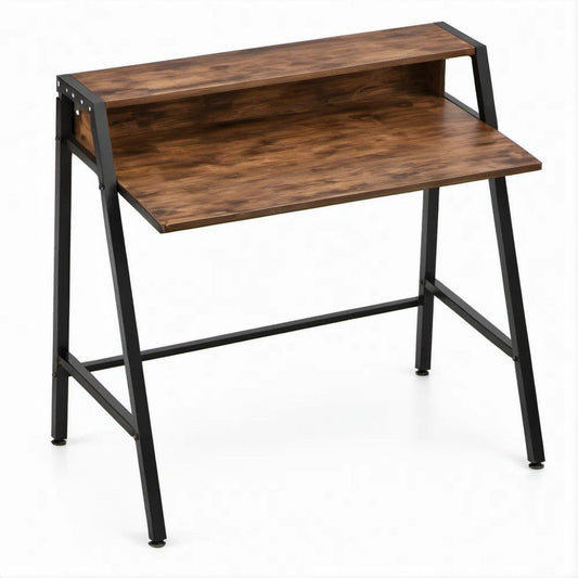 Brown and Black Computer Desk with Raised Shelf, 39.4 x 23.6 x 35.4 in