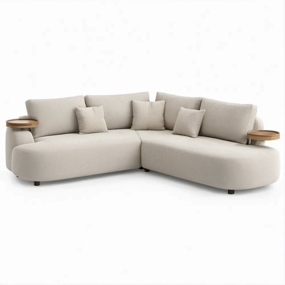 118 in Curved Cream Bouclé Sectional with Walnut Brown Side Tables and Black Steel Legs