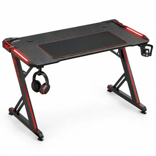 Black/Red Gaming Desk with LED Lights, Carbon Fiber Finish, 55.1 x 23.6 x 29.5 in