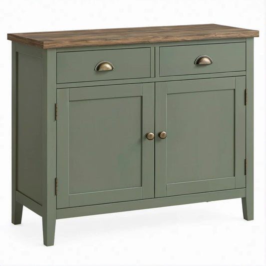 Sage Green Storage Cabinet with 2 Drawers, 2 Doors and Brown Wood Top, 35.5 x 15.75 x 34.25 in