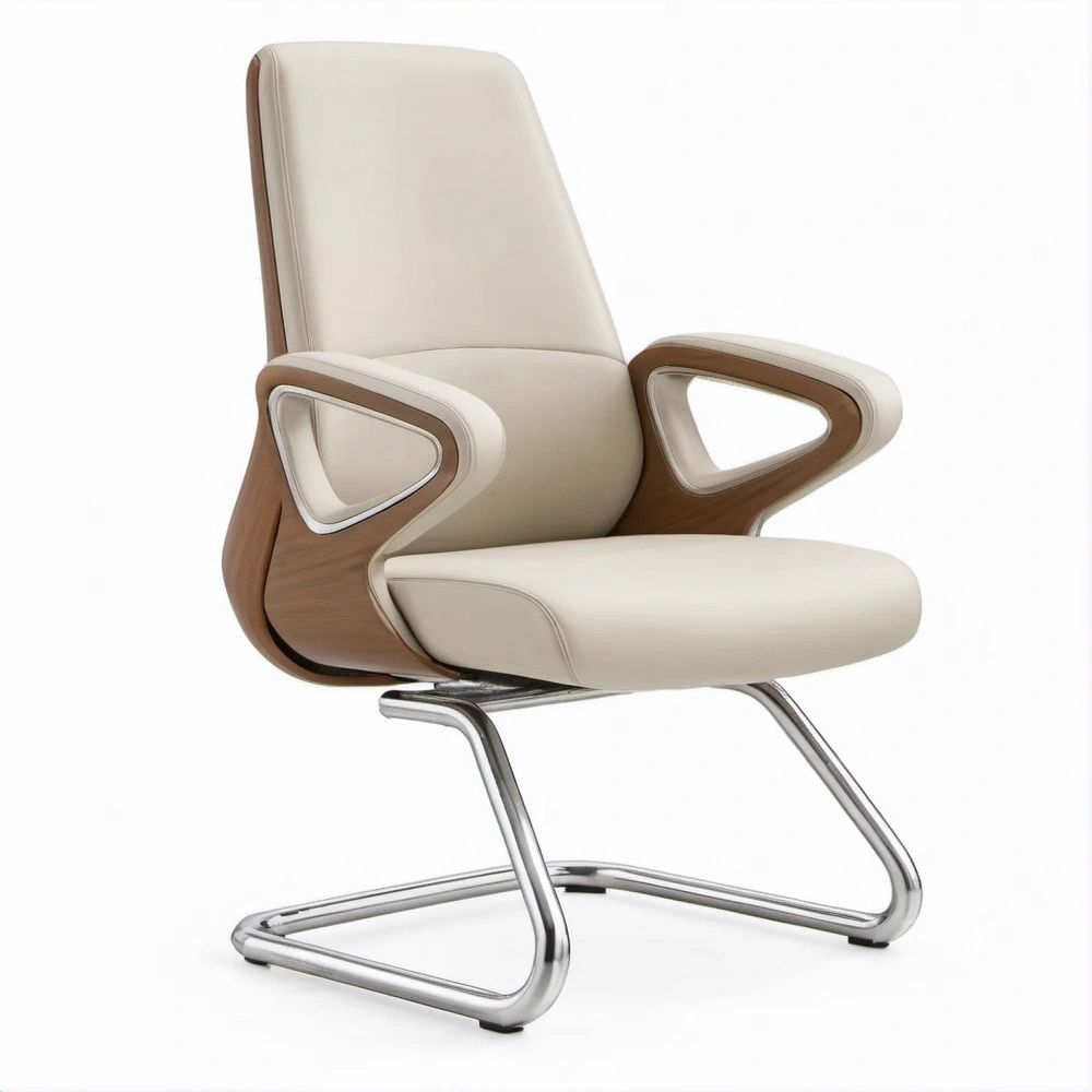 Executive Office Guest Chair, Cream PU Leather, Walnut Veneer Frame, Chrome Cantilever Base, 25.2 x 26 x 39.4 in