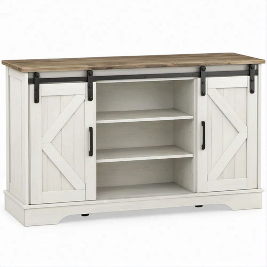 58 x 18 x 36 in White and Brown Sliding Barn Door Sideboard with Black Hardware