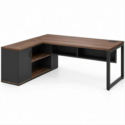 L-Shaped Computer Desk with Storage, Walnut Brown and Black, 59.1 x 59.1 x 29.5 in