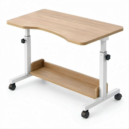 Mobile Height-Adjustable Oak and White Workstation with Wheels, 31.5 x 15.7 x 27.6-39.4 in