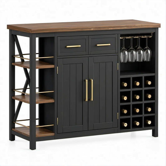 Black and Brown 47.2 in Wine Bar with 12-Bottle Rack, Stemware Holder, 2 Drawers and Open Shelves