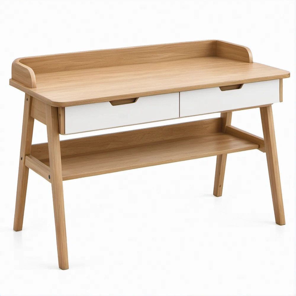 Natural and White Rubberwood MDF Computer Desk with 2 Drawers and Shelf, 47.2 x 23.6 x 35.4 in