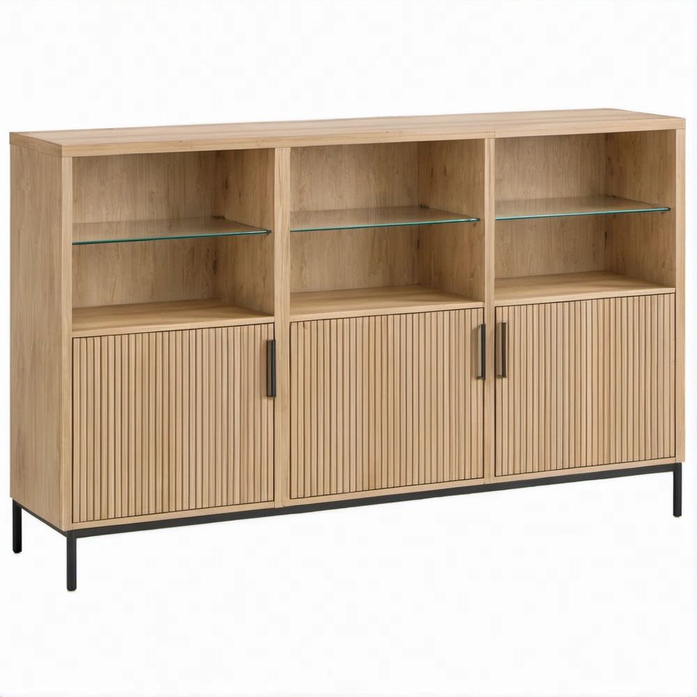 63 in Natural Oak Veneer Storage Sideboard with Tempered Glass Shelves and Black Steel Base