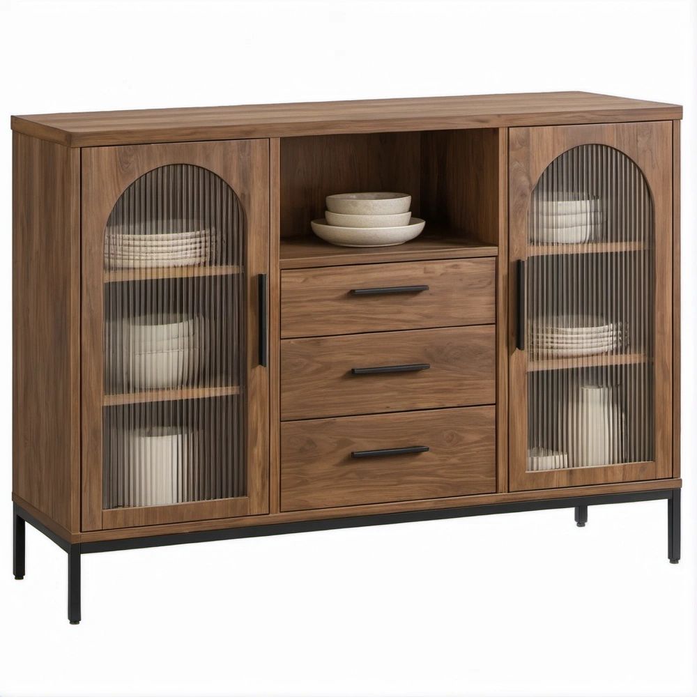 47.2 in Walnut MDF Sideboard Buffet Cabinet with Fluted Tempered Glass Doors, 3 Drawers and Black Steel Legs