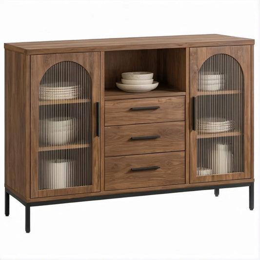 47.2 in Walnut MDF Sideboard Buffet Cabinet with Fluted Tempered Glass Doors, 3 Drawers and Black Steel Legs
