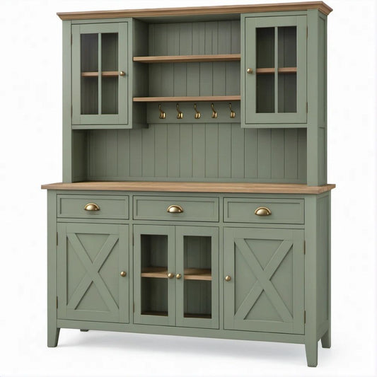 Farmhouse Sage Green and Natural Brown Storage Hutch with Glass Doors, 47.2 x 17.7 x 74.8 in