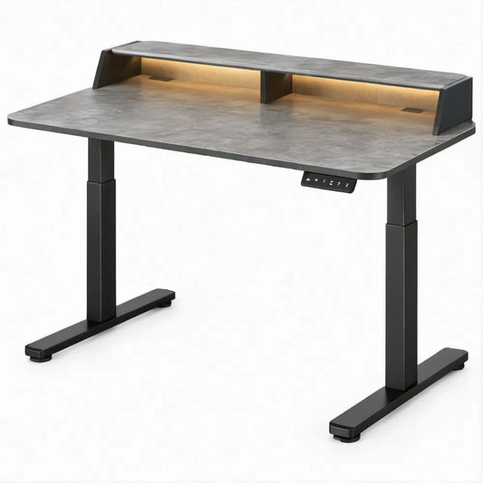48 x 24 in Electric Height-Adjustable Standing Desk with Raised Shelf and LED Light, Gray/Black
