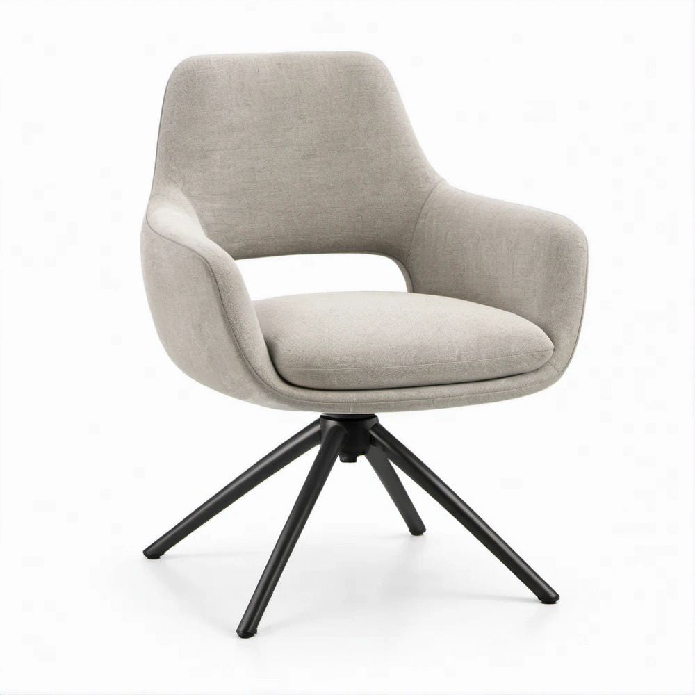 Light Gray Swivel Chair with Arms, Black Steel Base, 27.6 x 25.6 x 33.5 in