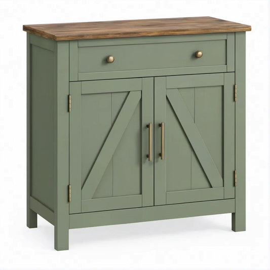 Farmhouse Sage Green Storage Cabinet with Walnut Brown Rubberwood Top, 32 x 16 x 36 in