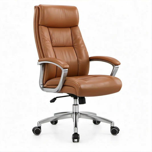 High-Back Executive Office Chair, Brown PU Leather with Silver and Black Accents, 26.8 x 28.3 x 45.7-49.6 in
