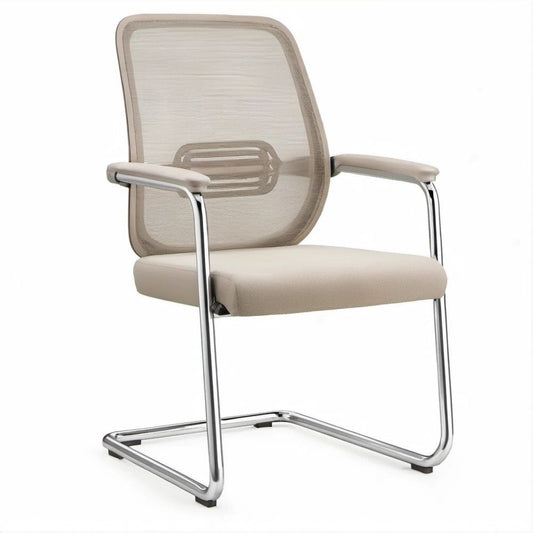 Beige Mesh Back Guest Chair with Padded Seat, Armrests and Chrome Sled Base, 23.6 x 24.4 x 39.4 in