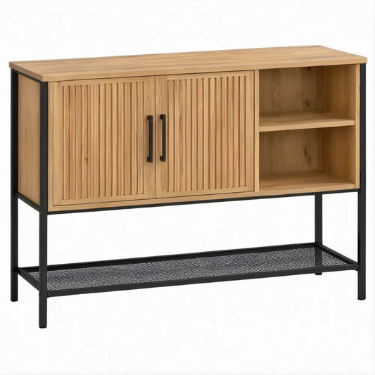 Natural Bamboo and Black Steel Storage Cabinet with Slatted Doors, 100 x 40 x 90 cm
