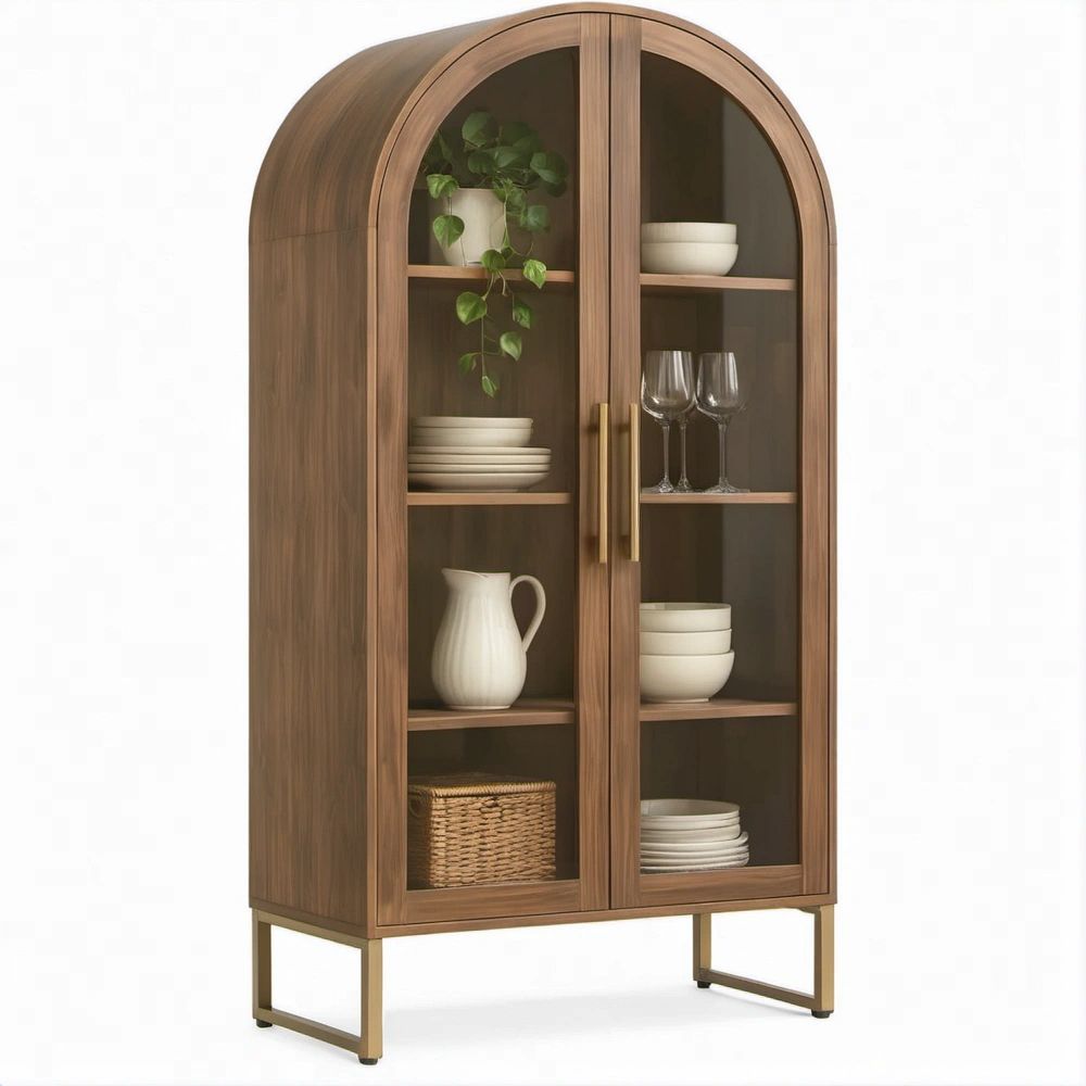 Arched Walnut Brown Glass Door Cabinet with Brass Handles, 31.5 x 15.7 x 78.7 in