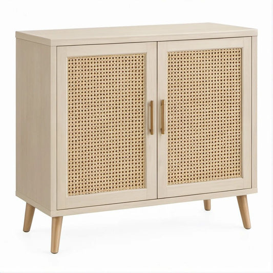 Natural Beige 2-Door Rattan Sideboard Cabinet with Gold Handles, 31.5 x 15.7 x 31.5 in