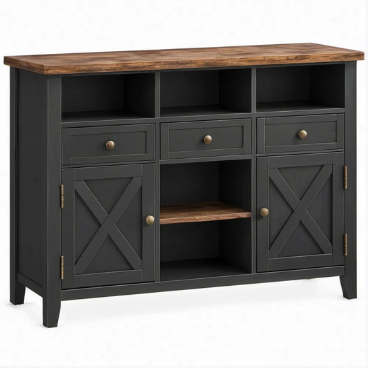 Farmhouse Sideboard Buffet Cabinet, Black and Brown, 47.2 x 15.7 x 35.4 in
